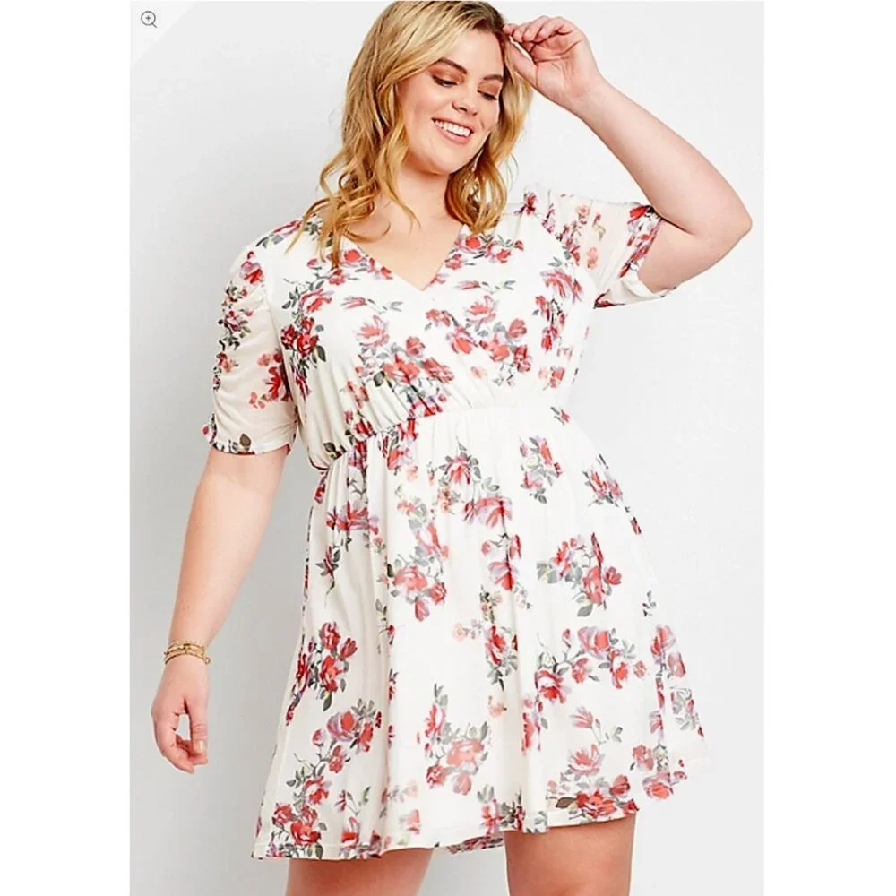 Maurices White Floral Ruched Sleeve Mini Dress Size XL - Picture 1 of 7